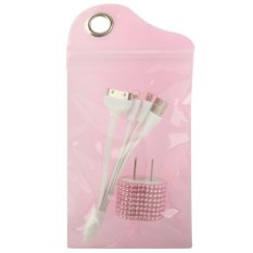 2 in 1 US Plug Diamond Encrusted Travel Charger + (Micro USB + 30 Pin) Multi-function USB Charger Cable with Smile Face for iPhone 6 6 Plus / iPhone 5 5S / iPhone 4 4S / iPad / iPod / Samsung / Sony Ericsson / Nokia / LG, Pink(Pink) (Intl)