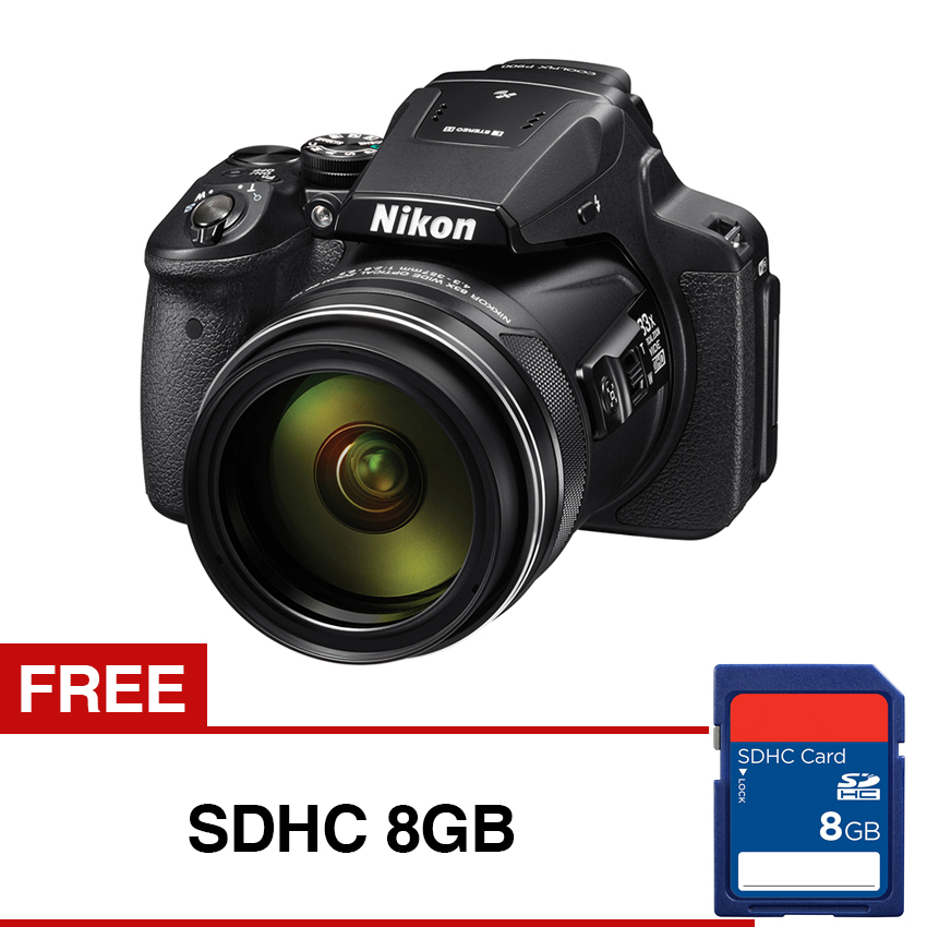 Nikon Coolpix P900 - 16MP - 83x Optical Zoom - Koneksi WIFI/NFC - Hitam + Gratis SDHC 8GB  