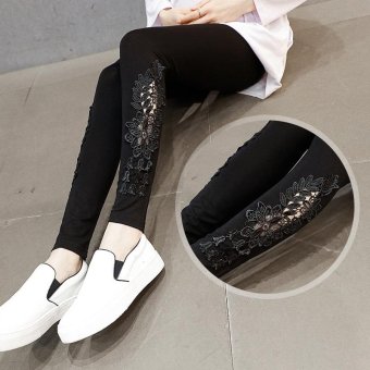 001# Hollow Out Lace Modal Maternity Skinny Legging Spring Summer Clothes for Pregnant Women Elastic Waist Pregnancy LeggingBlack - intl  