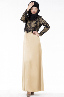 022 # Muslim new lace fake two-piece dress dress(khaki) - intl  