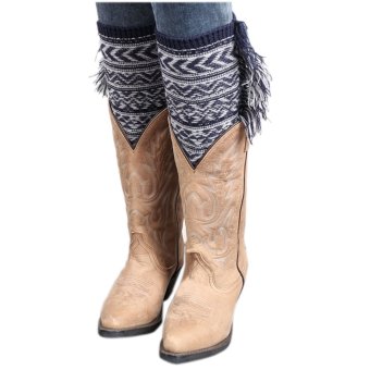 1 Pair Women's Crochet Knitted Leg Warmers Tassel Boots Socks for Winter Christmas Gift Deep Blue + Light Gray - intl  