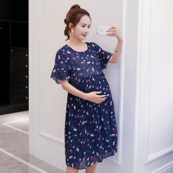 1703# Quality Floral Printed Chiffon Maternity Dress Summer Korean Fashion Clothes for Pregnant Women Pregnancy Clothing-Dark Blue - intl  