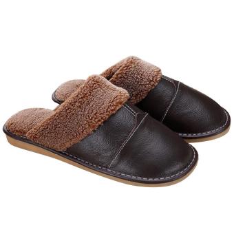 1Pair Men Winter Warm Soft Anti-slip Genuine Leather Slippers for Bedroom Living room Office Apartment Hotel EU 39-40/ US 8-9 Size Dark Brown - intl  