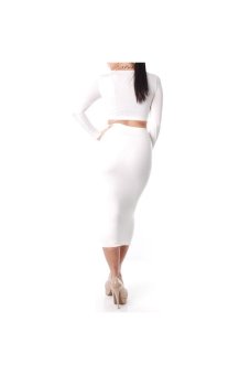 2-in-1 Spring Autumn Long Sleeves Low-cut Women's Slim Fit Short Tops & Skirt Set - Size S White  