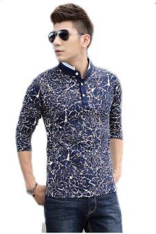 2015 Autumn Clothing New Type Mens T-Shirts Long Sleeve Slim Lightning Printed Casual Polo Shirts(Blue)  