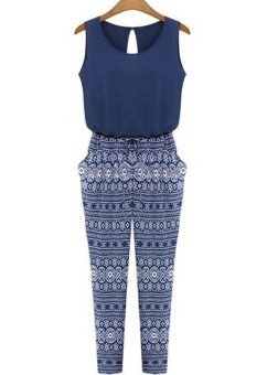 2015 Women Jumpsuits Rompe fashion casual printed chiffon patchwork pants jumpsuit S-XL  