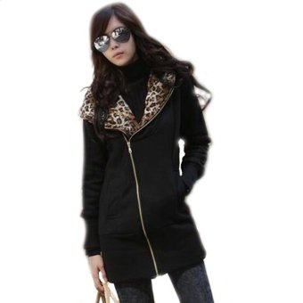 2015 Womens Leopard Long Sleeve Thickened Hooded Cardigan Coat (Black) (Intl)  