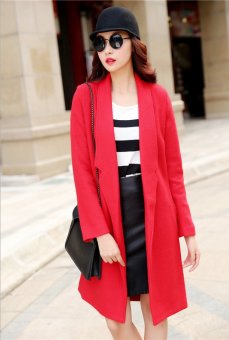 2015VNew Fashion style candy color casual suit collar long woollen coat overcoat Red  