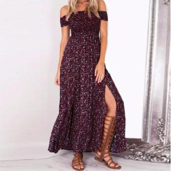 2016 Apparel sexy side split off shoulder print summer dress High waist pleated maxi dress women Vintage beach dress vestidos?Red wine? - intl  