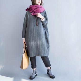 2016 Autumn Plus Size Women Dress Cotton Full Sleeve Long Grey Casual Tops&Tees Striped Print Solid Fashion Midi Female New Dresses(grey) - intl  