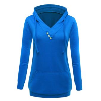 2016 Autumn Women Fashion Apparel Hoodies Sweater Fashion Buttons Solid Color V-neck Hooded Long Paragraph (Blue) - intl  