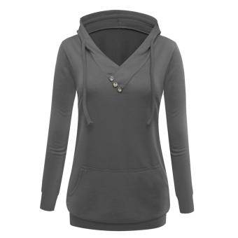 2016 Autumn Women Fashion Apparel Hoodies Sweater Fashion Buttons Solid Color V-neck Hooded Long Paragraph (Dark Grey) - intl  