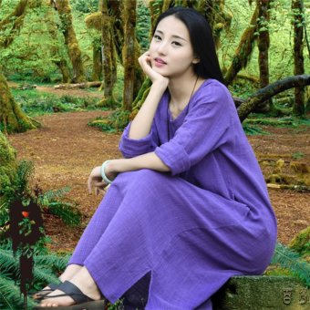 2016 Autumn Women Maxi Dress New Simple Cotton Long-sleeved Gown Dress One Size (Purple) - intl  