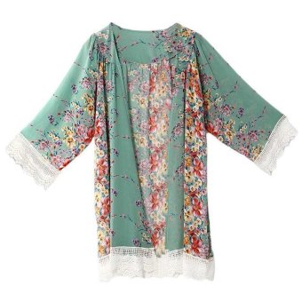 2016 Fashion Women Kimono Cardigan Printed Chiffon Shawl Tops Cover Up Blouse Green L  