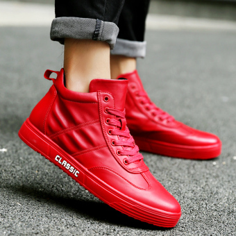 2016 High Tops Men Shoes Casual PU Leather Boots Classic Board Shoes Men Solid Height Increasing Ankle Boots (Red) - intl  