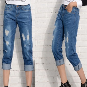 2016 Korean Ladies Denim Pants Worn Seven Rotten Hole 7 Pants Summer Seven Pants Wholesale (deep Blue) - Intl  