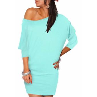 2016 summer dress sexy slim Womens Long Sleeve Off Shoulder Mini Batwing Tunic Dress ?sky blue? - intl  