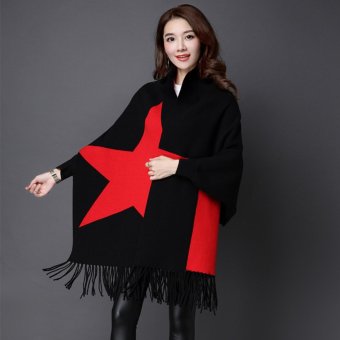 2016 Winter New Women's European Style Knitted Cardigan Hit Color Shawl Coat (Black) - intl  