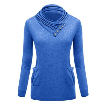 2016 Women Fashion Clothing New Explosion Soft Flexible Big Pockets Sweater Pile Collar Button Decoration Long Sleeve Sweater Dress (Blue) - intl  