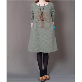 2016New Korean style Top Quality Vestidos Plus Size Vintage Embroidery long sleeve Cotton Dresses Womens Loose Casual Autumn Dress?green? - intl  