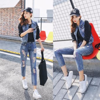 2017 New Spring Women Girl's Ripped Hole Skinny Jeans Korean Style Print Pencil Denim Pants Beggar Jeans Student Casual Trouser - intl  