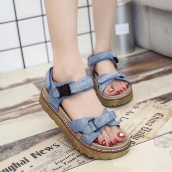 2017 New Summer Women Sandals Anti-slip Female Sandal Korean Student Shoes Velcro Closure Thicken Outsole Shoes Blue XZ327 - intl  