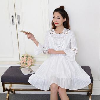 2017 Summer New Korean Women Fashion Three Quarter Sleeve V-neck White Sexy Chiffon Lace Dress Casual Dress Female Vestidos 921# - intl  