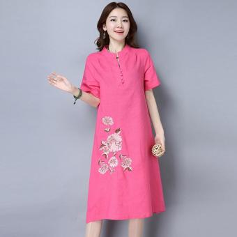2017 Summer New Women Cotton Linen Vintage Folk Style Plus Size Short-sleeved O-neck Loose Embroidered Dress Vestidos 0005# - intl  