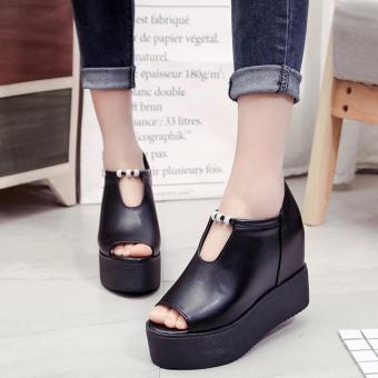 2017 Women Fashion Heeled Sandals Fish Head Platform Shoes Inner Increased Summer High Heel Sandals Black - intl  