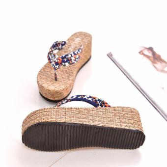 2017 Women Summer Beach Floral Ribbon Flip Flops Retro Anti-slip Toe Clip Heeled Sandals Platform Slippers Blue - intl  