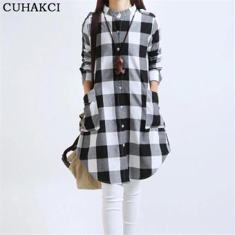 2017 Women's Clothing Plaid Long Loose Plus Size Plaid Print T-Shirts Single Shirt Casual Pocket Streetwear, Black - intl  