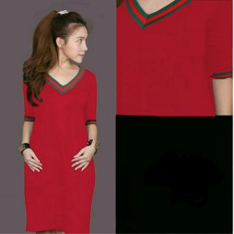 369 Mini Sexy Dress Casual Wanita Motif V Neck Bahan Babyterry - Merah  