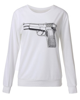 3D Gun Print Women Hoodies Long Sleeve Loose Sweatshirts Tops Blouse T Shirt (White)  