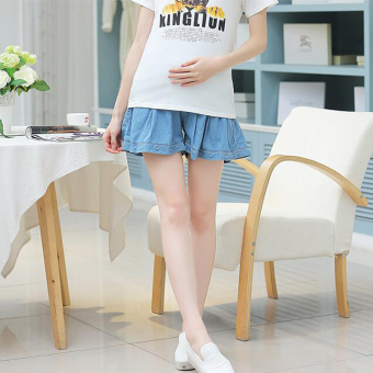 803# Wide Leg Beading Loose Light Blue Denim Maternity Belly Shorts Summer Fashion Short Jeans Clothes for Pregnant Women - intl  