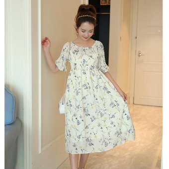 805# Stretch High Waist Maternity Long Dress Elegant Printed Chiffon Clothes for Pregnant Women Summer Beach Pregnancy Clothing-Beige - intl  