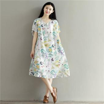 8227# Floral Printed Cotton Linen Maternity Dress Summer Plus Size Loose Clothes for Pregnant Women Pregnancy Clothing - intl  
