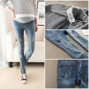 840# Korean Fashion Autumn Maternity Pencil Hole Jeans Slim Pants Clothes for Pregnant Women Skinny Belly Trouser For Pregnancy - intl  