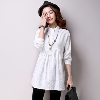 9275# 2016 Spring Summer Cotton Large Size Pleated Maternity Blouses Stand Collar Long Sleeve Shirts Clothes for Pregnant Women - intl  