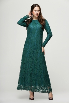 AGAPEON Abaya Long Sleeves Muslim Wear Chiffon Maxi Dress With Full Lace(Green) - intl  