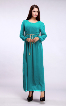 AGAPEON Muslim Abaya Long-Sleeve Chiffon Maxi Dress Jubahs With Belt Green - intl  