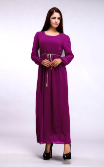 AGAPEON Muslim Abaya Long-Sleeve Chiffon Maxi Dress Jubahs With Belt Purple - intl  