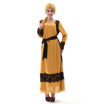 AGAPEON Muslim Abaya Long-Sleeve Chiffon Maxi Dress Jubahs With Lacework&Belt Yellow - intl  