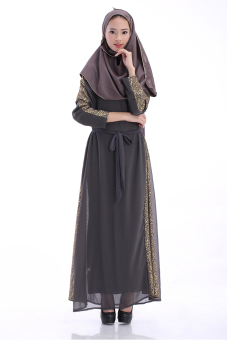 Agapeon New Fashion Muslim Abaya Long-Sleeve Chiffon Maxi Dress Jubahs Golden Printing Grey  