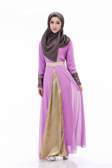 Agapeon New Fashion Muslim Abaya Long-Sleeve Chiffon Maxi Dress Jubahs With Cuff Lace Purple  