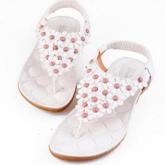Ai Home Women Bohemia Style Sandals Comfort Flat Shoes Beads Toepost Summer Sandal White  