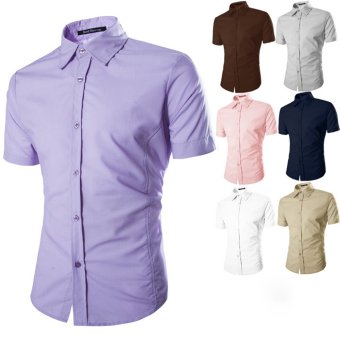 AJFASHION Mens Luxury Short Sleeve Solid Color Slim Fit Shirts(Pink)  