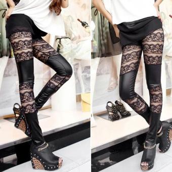 Amart Fashion Leggings Lace Patchwork Artificial Leather Tight pants Leggings Black - intl  