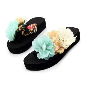 Amart Fashion Summer Women Bohemia Slippers Flowers Beach Flip Flops Summer Slip Resistant Slippers Middle Platform Sandals?Color: Black? - intl  