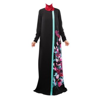 Amart Women Long Sleeve Muslim Turkish Abaya Maxi Dress Flower Print Spliced Robe?Back? - intl  