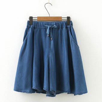 Amoi sederhana Tencel bagian tipis elastis pinggang tinggi lebar kaki celana jeans rok (Biru tua